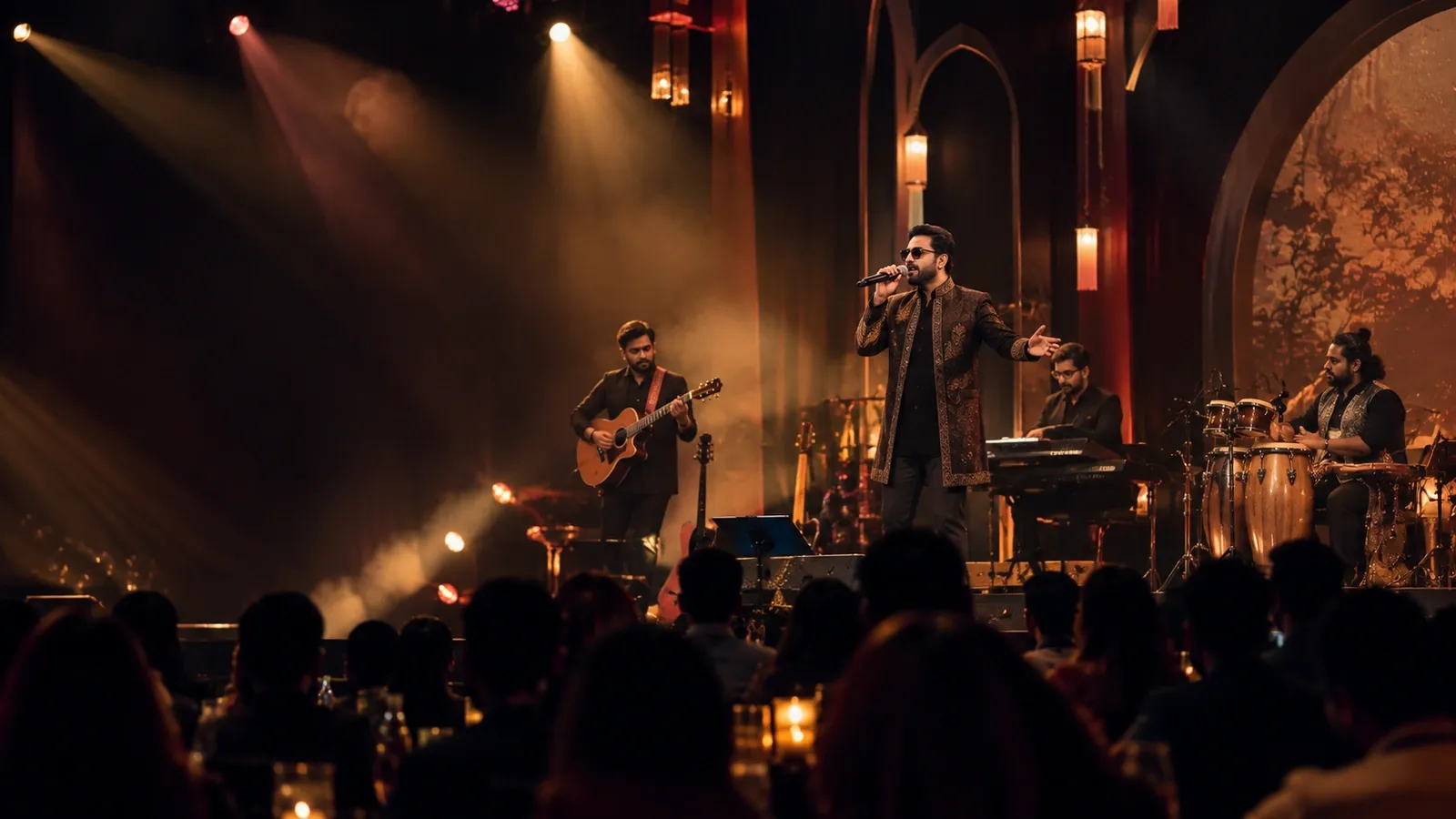 Musicians performing on stage at a live concert in Mumbai